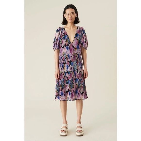 Ganni Dresses & Skirts - Ganni Floral Print Plisse Midi Dress Purple Multi Size 36 Puff Sleeve Pleated